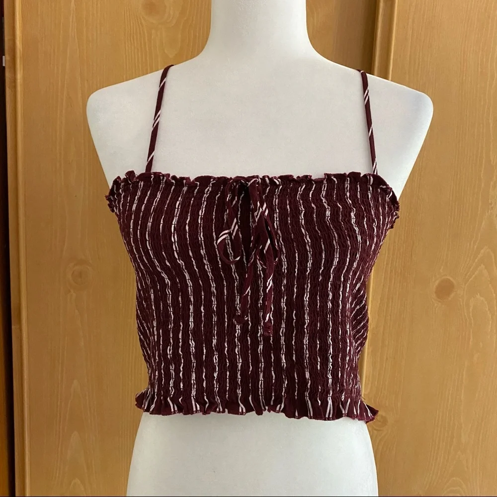 LA Hearts • Burgundy & White Striped Smocked Crop Top - Picture 2 of 8